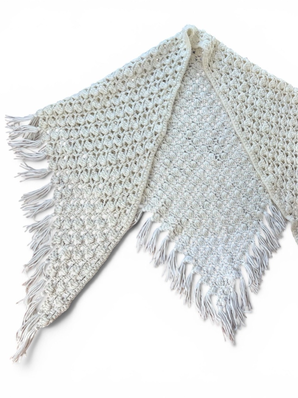Vintage Crochet Knit Fringe Shawl Cream White